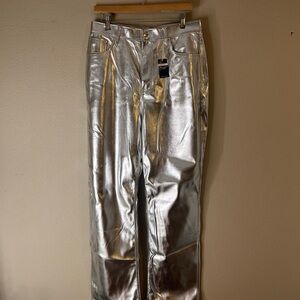 NWT Abercrombie Curve Love Vegan Leather 90’s straight pant SILVER